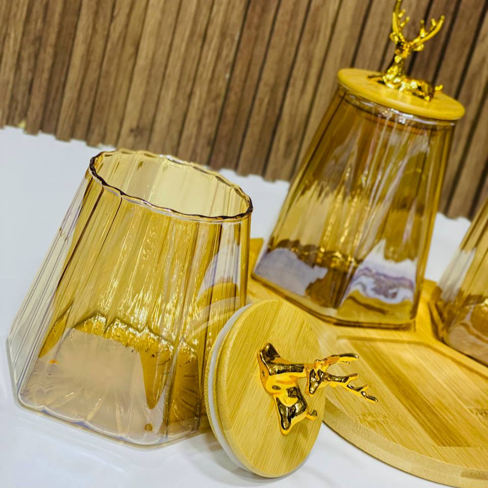 🦌 Ensemble de Bocaux en Verre avec Couvercles en Bois & Or 🌟