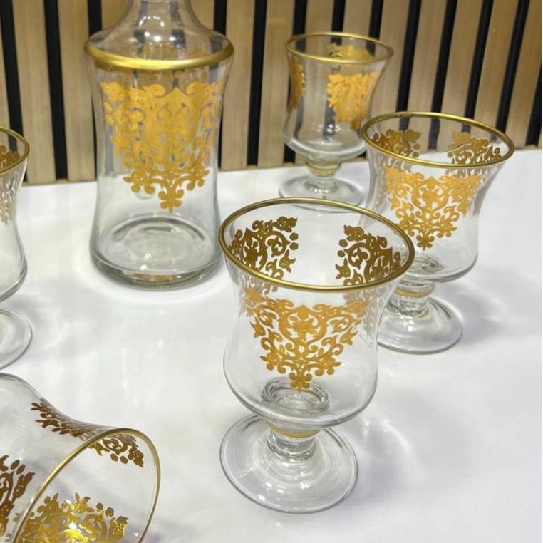 🍷 Service de Carafe & Verres en Verre avec Motifs Dorés ✨
