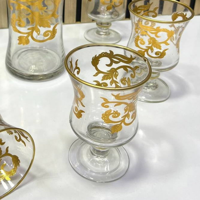 🍷 Service de Carafe & Verres en Verre avec Motifs Dorés ✨