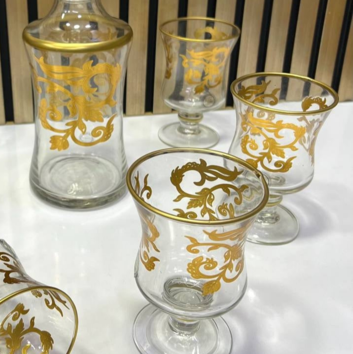🍷 Service de Carafe & Verres en Verre avec Motifs Dorés ✨