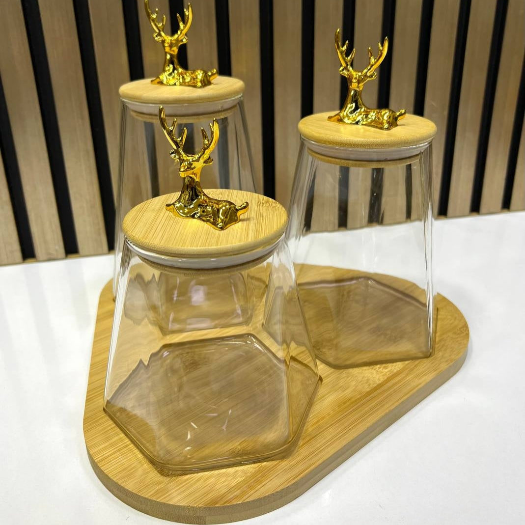 🦌 Ensemble de Bocaux en Verre avec Couvercles en Bois & Or 🌟