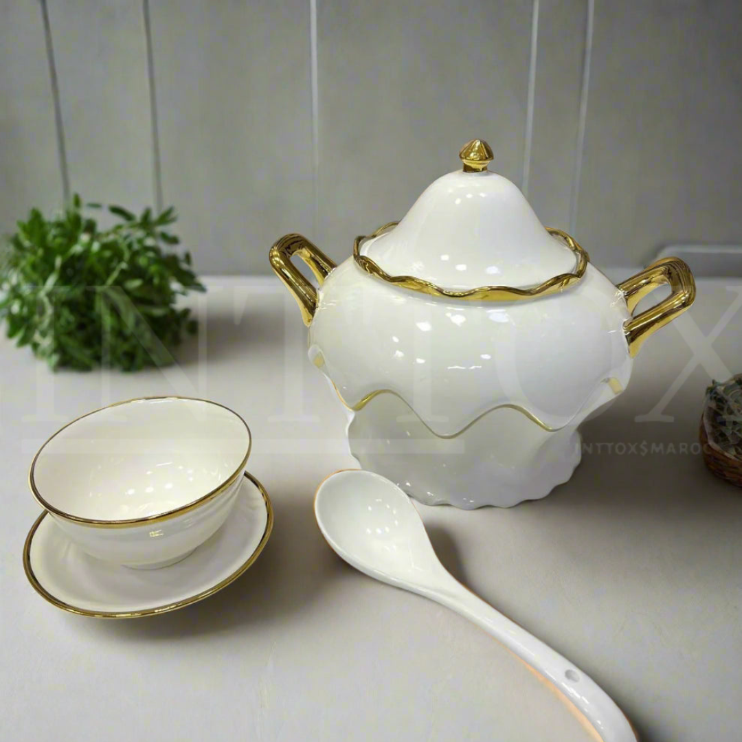 🍲 Service de Soupe en Porcelaine avec Dorures Élégantes ✨