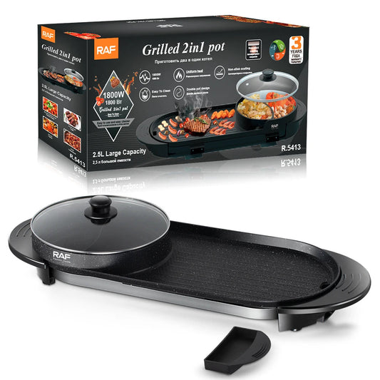 🔥🍖 RAF — Nouveau Grillé Électrique 2 en 1 avec Pot pour Barbecue, 1800W