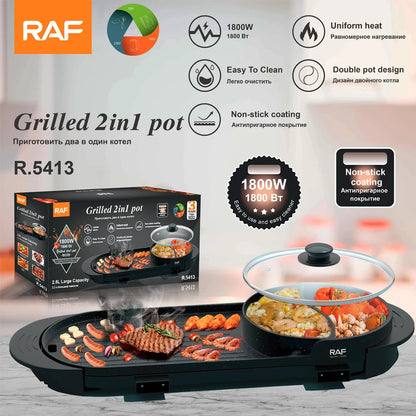 🔥🍖 RAF — Nouveau Grillé Électrique 2 en 1 avec Pot pour Barbecue, 1800W