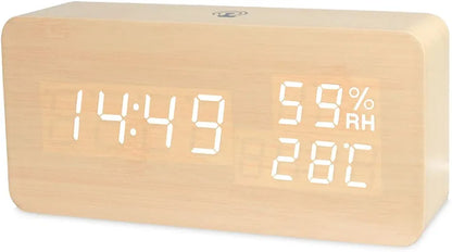 Horloge de Table LED en Bois pour Table de Bureau, Réveil Électronique avec Commande Vocale, Alimentation par USB