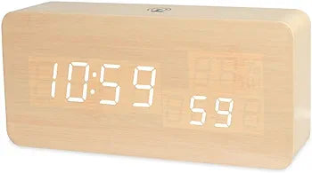 Horloge de Table LED en Bois pour Table de Bureau, Réveil Électronique avec Commande Vocale, Alimentation par USB