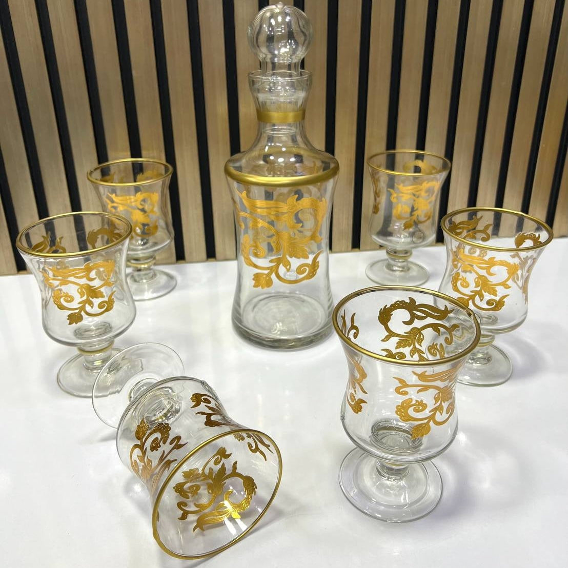 🍷 Service de Carafe & Verres en Verre avec Motifs Dorés ✨
