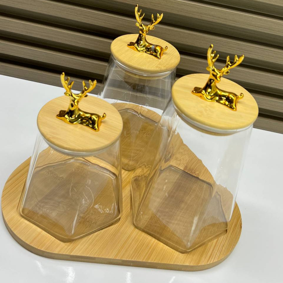 🦌 Ensemble de Bocaux en Verre avec Couvercles en Bois & Or 🌟