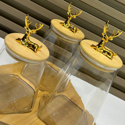 🦌 Ensemble de Bocaux en Verre avec Couvercles en Bois & Or 🌟
