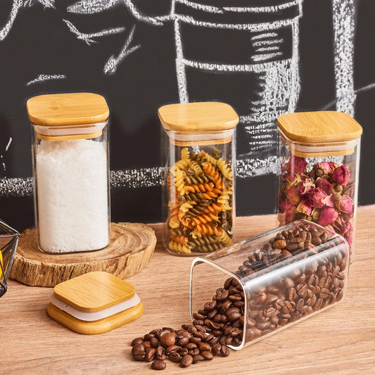 Borosilicate Glass Square Jar Wood Cover