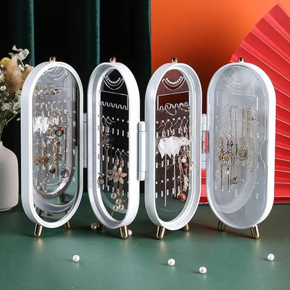 Boîtes à Bijoux Organisateur Colliers Boucles d'oreilles Boîte de Rangement Type d'écran Vitrine pour Femmes Filles Pliable 4 tiroirs avec Miroir