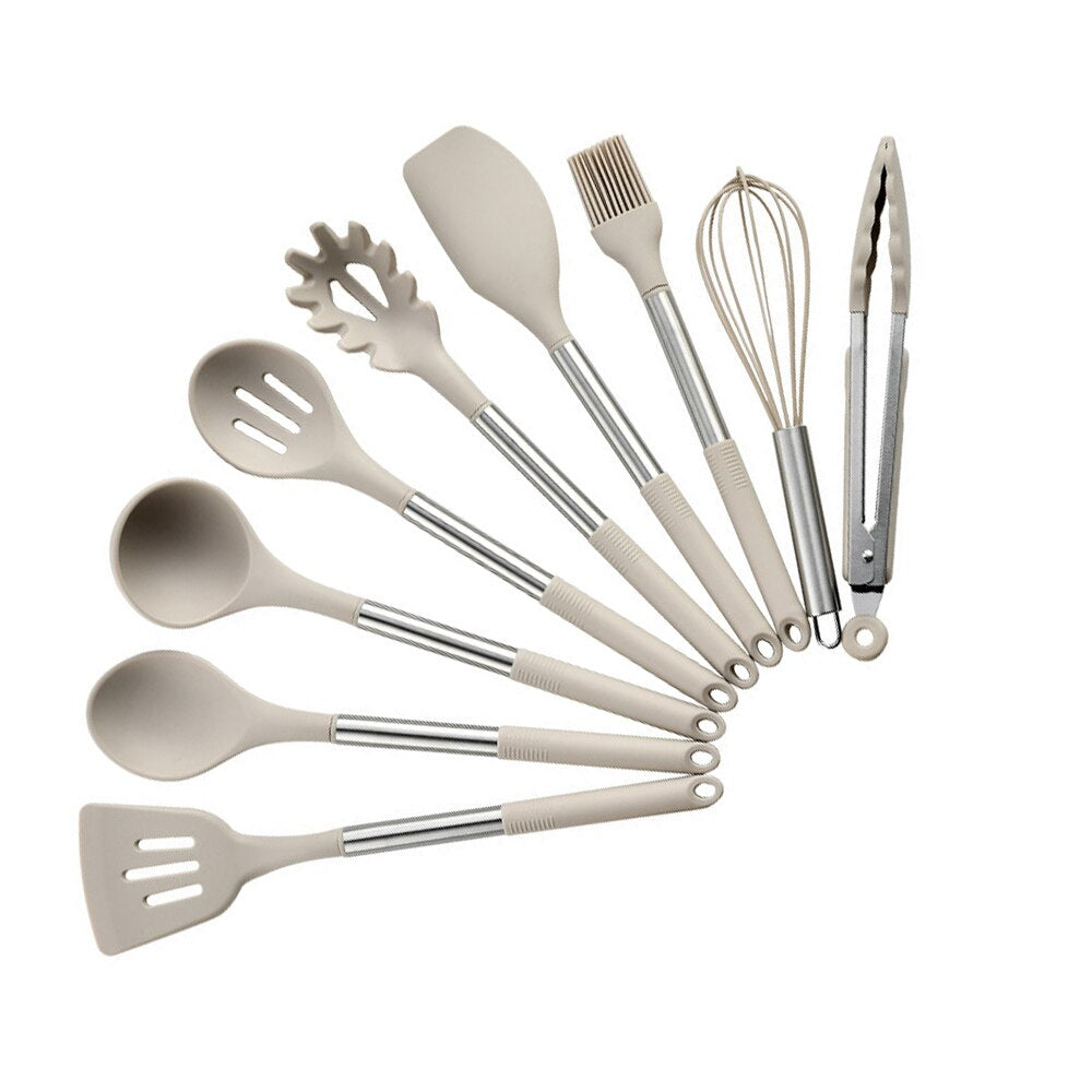 Ensemble d'ustensiles de cuisine en silicone antiadhésif - Spatule, louche, batteurs à œufs, pelle, cuillère à soupe