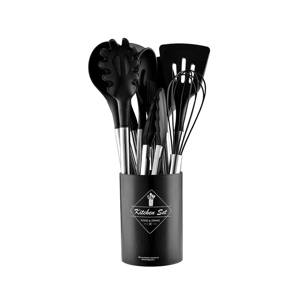 Ensemble d'ustensiles de cuisine en silicone antiadhésif - Spatule, louche, batteurs à œufs, pelle, cuillère à soupe