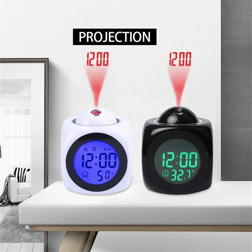 Alarm Clock LED Wall/Ceiling Projection LCD Digital Voice Talking Temperature for Bedroom Wake Up with Godinnik on the Wall