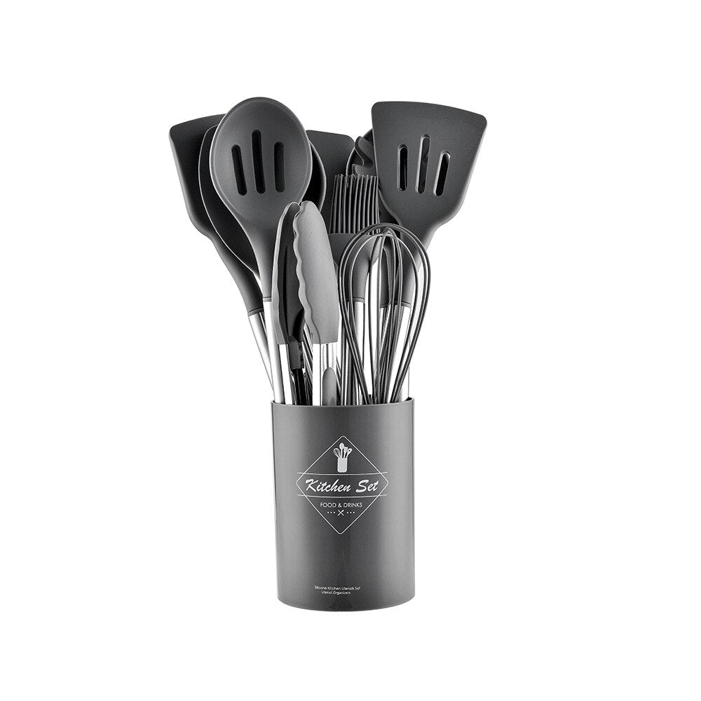 Ensemble d'ustensiles de cuisine en silicone antiadhésif - Spatule, louche, batteurs à œufs, pelle, cuillère à soupe