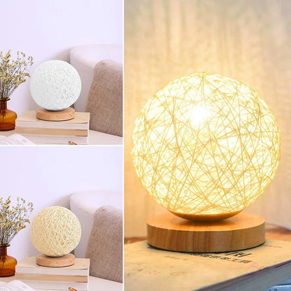 LED Moon Table Lamp Wood Table Ball Light Dimmable Linen Ball Rattan Lampshade USB Bedroom Bedside Night Light Home Decor