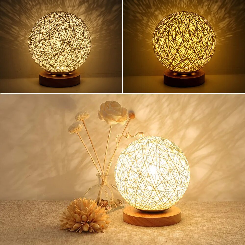 LED Moon Table Lamp Wood Table Ball Light Dimmable Linen Ball Rattan Lampshade USB Bedroom Bedside Night Light Home Decor