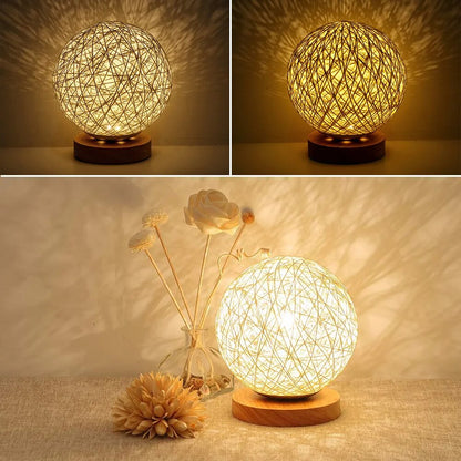 LED Moon Table Lamp Wood Table Ball Light Dimmable Linen Ball Rattan Lampshade USB Bedroom Bedside Night Light Home Decor