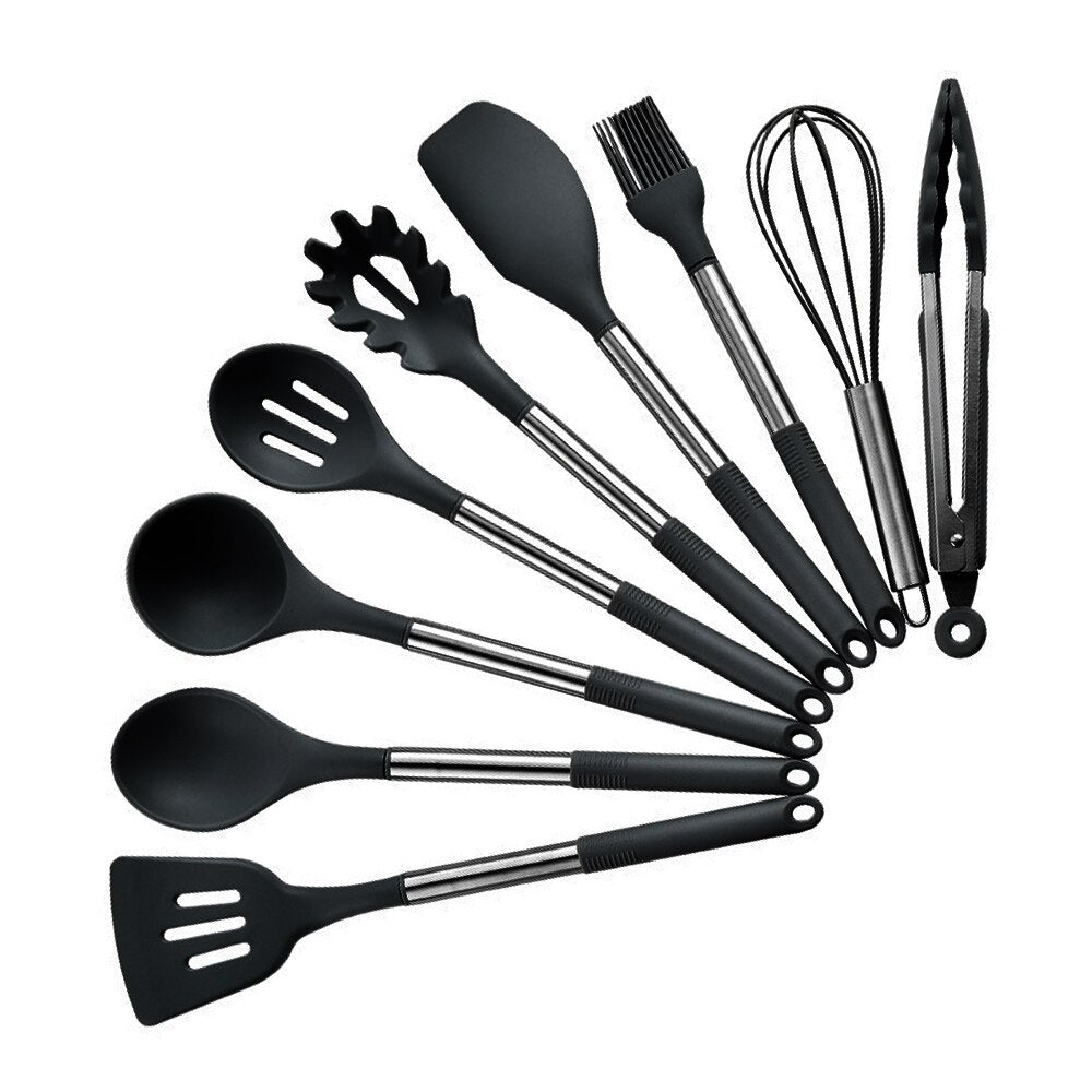 Ensemble d'ustensiles de cuisine en silicone antiadhésif - Spatule, louche, batteurs à œufs, pelle, cuillère à soupe