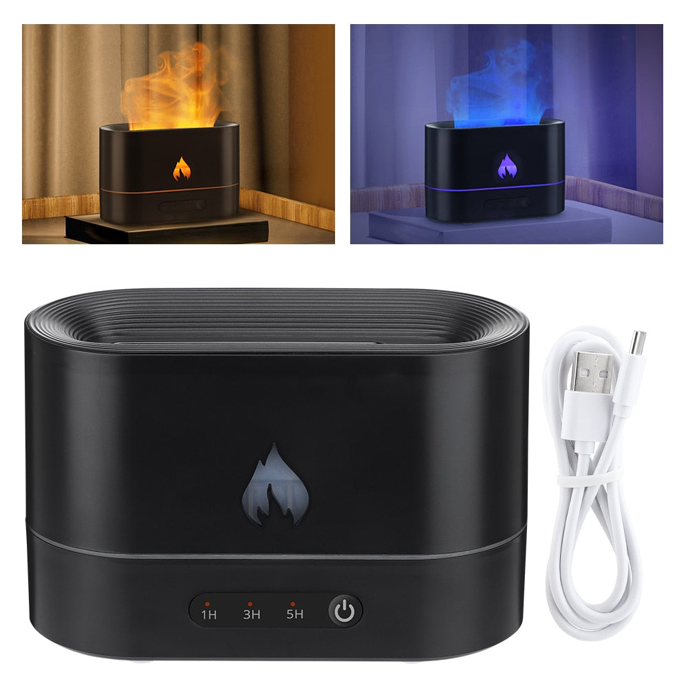 Diffuseur humidificateur d'air ultrasonique Cool avec effet 3D de lampe à feu et diffusion d'huile essentielle  Avec 4 bouteille d'huile