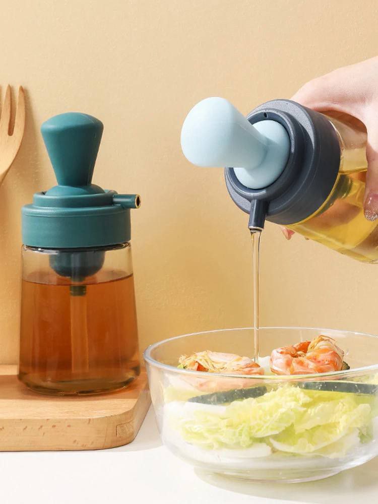 Distributeurs d'huile avec brosse à badigeonner en silicone 2 en 1 en verre pour la cuisine, la salade, le grill, la cuisson, le barbecue, la friture à l'air libre – Capacité de 350 ml