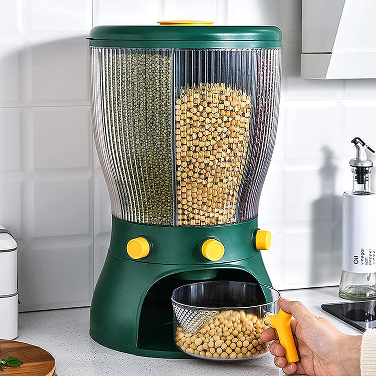 Récipient et distributeur de grains multifonctionnel rotatif