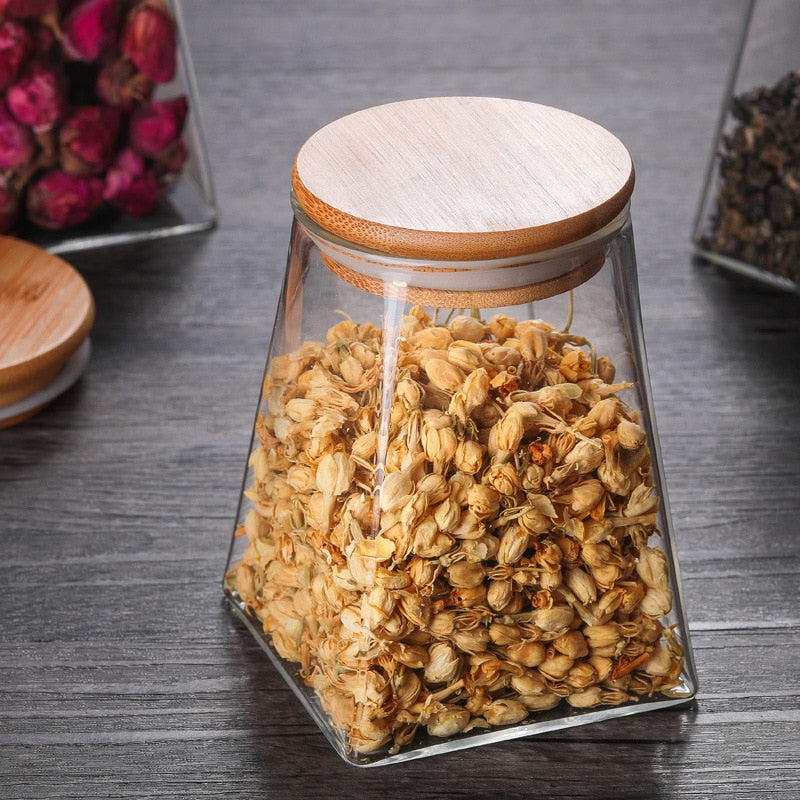 Récipient en verre couvercle en bois  bouteilles de stockage cuisine